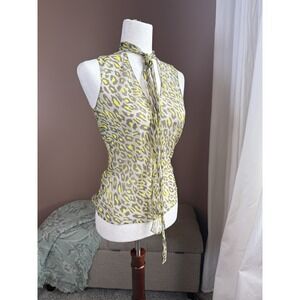 Theory Silk Leopard Print Tie Neck Blouse Size P Sleeveless Sheer Top